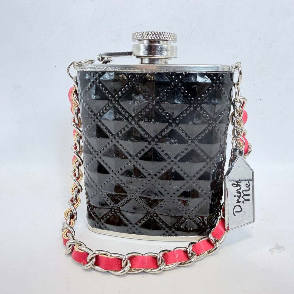 Wild Eye Designs Black Quilted 3oz Stainless Flask Drink Me Tag Chain Strap